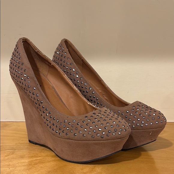 Qupid Brown Wedge Heels with Rhinestone Embellishments - Picture 1 of 1